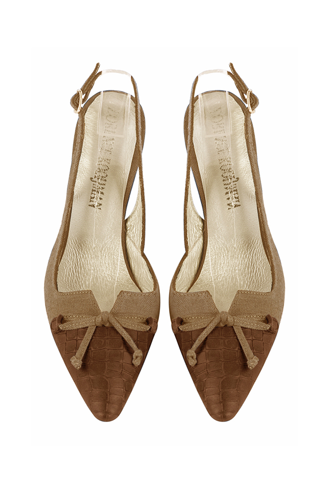 Caramel brown and camel beige women's open back shoes, with a knot. Tapered toe. High slim heel. Top view - Florence KOOIJMAN